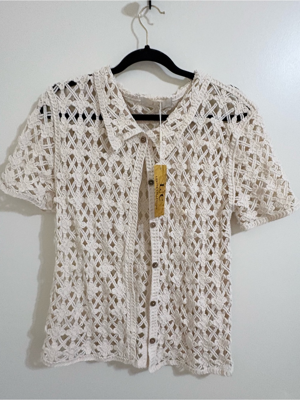 Open-Knit Short Sleeve Button Front Top - Cream